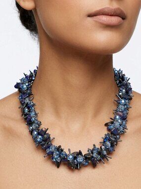 Vintage Blue Chunky Beaded Cluster Statement Choker Necklace Avant Garde